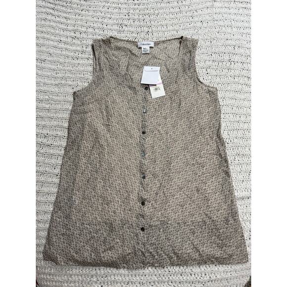 NWT Calvin Klein Silk Button Up Blouse Top Lined 1724Z5393M Womens Sz 6 Tan Gray - Picture 1 of 10